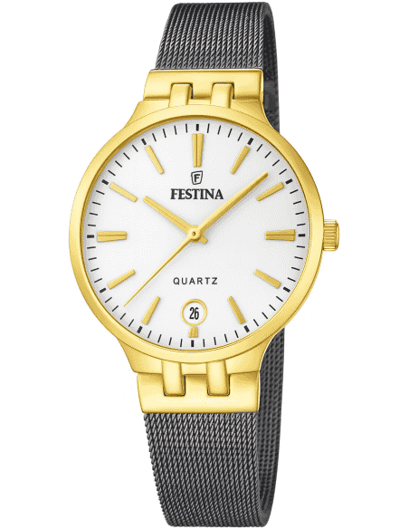 Reloj para Mujer Caja Dorada con Malla Negra y Esfera Blanca - Festina F20714/1