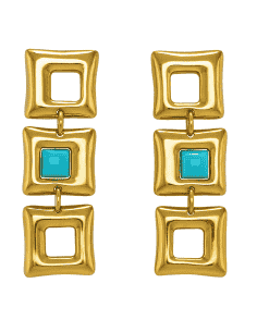 Pendiente para Mujer largo de oro Formadado por tres Cuadrados y una Turquesa en uno de ellos  - Oro amarillo 18K