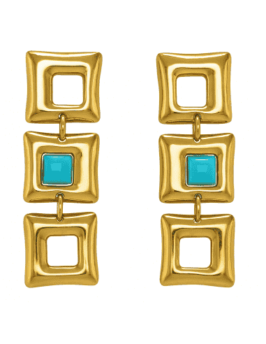 Pendiente para Mujer largo de oro Formadado por tres Cuadrados y una Turquesa en uno de ellos  - Oro amarillo 18K