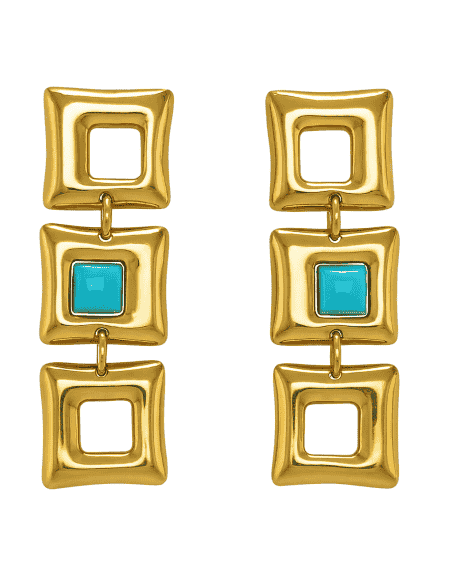 Pendiente para Mujer largo de oro Formadado por tres Cuadrados y una Turquesa en uno de ellos  - Oro amarillo 18K