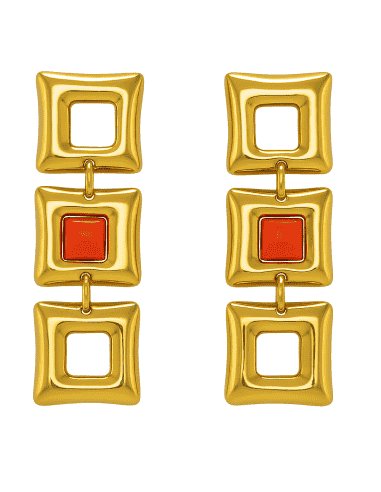 Pendiente para Mujer largo de oro Formadado por tres Cuadrados y una Coral en uno de Ellos - Oro amarillo 18K