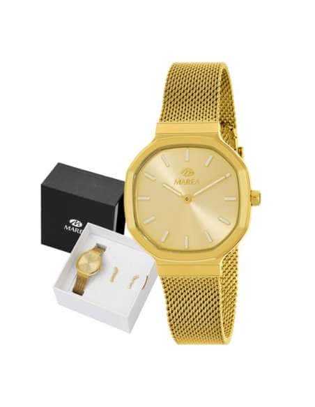 Pack Reloj y Complementos para Mujer Malla Milanesa Dorada con Pendientes - Marea B41408/14