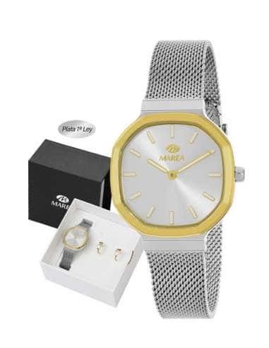 Pack Reloj y Complementos para mujer Malla Milanesa Plateada y Dorada con Pendientes - Marea B41408/13