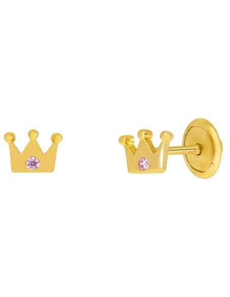 Pendientes para Niña en forma de Corona con Circonita Rosa Plata Chapada en Oro - Marea D03401/AH