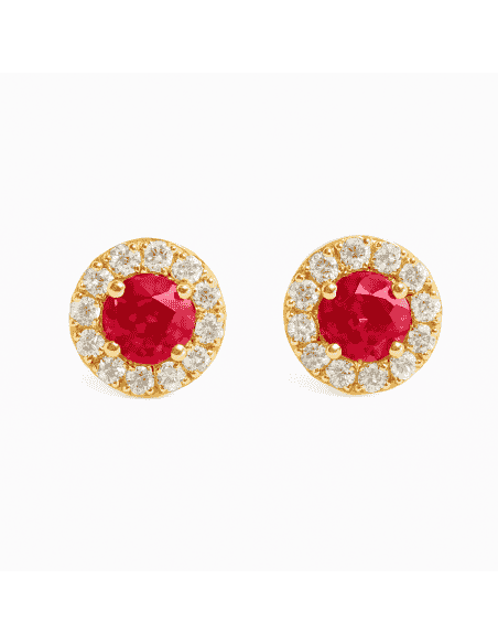 Pendientes para Mujer  Oro Amarillo  con Rubí y Circonitas – Oro Amarillo 18K