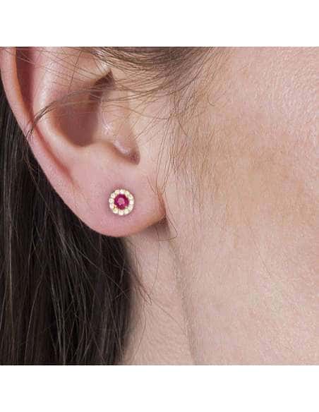 Pendientes para Mujer con Rubí y Circonitas – Oro Amarillo 18K
