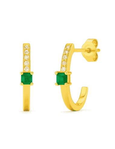 Pendientes para Mujer Oro 18k con esmeralda y Circonitas - Oro Amarillo 18K
