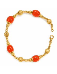 Pulsera para Mujer en Oro 18K con Bolas Labradas y Coral Natural - Oro 18K