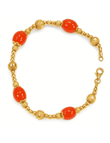 Pulsera para Mujer en Oro 18K con Bolas Labradas y Coral Natural - Oro 18K