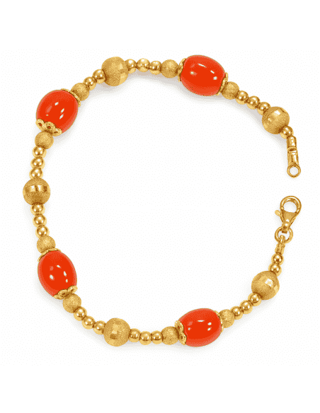 Pulsera para Mujer en Oro 18K con Bolas Labradas y Coral Natural - Oro 18K