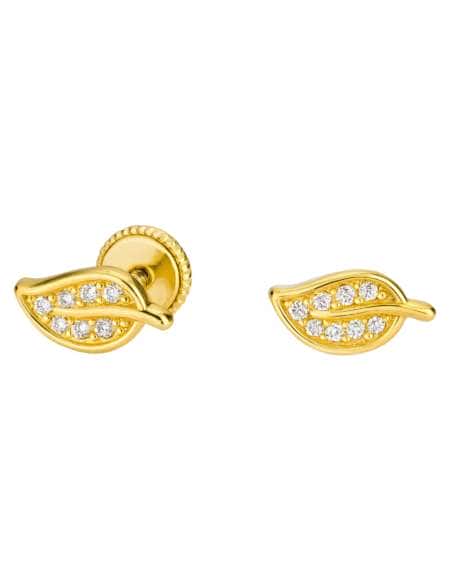 Pendiente para Niña con Forma de Hoja con Circonitas en Oro - Oro amarillo 18K