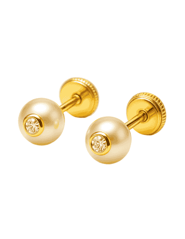 Pendientes para Niña en Oro con Perla y Circonita - Oro Amarillo 18K