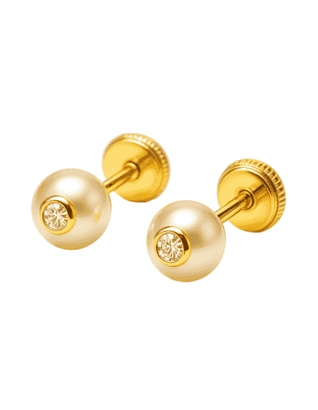 Pendientes para Niña en Oro con Perla y Circonita - Oro Amarillo 18K
