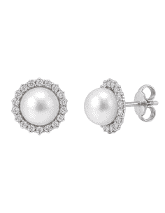 Pendientes para Niña en oro con Bisel de circonitas con Media Perla central - Oro Blanco 18K