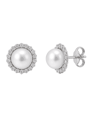 Pendientes para Niña en oro con Bisel de circonitas con Media Perla central - Oro Blanco 18K