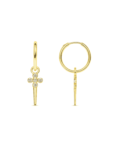 Pendientes para Mujer en oro Aro y Cruz con circonitas - Oro Amarillo 18K