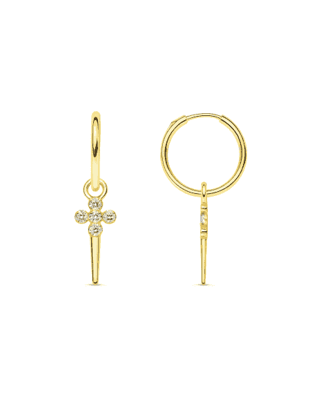 Pendientes para Mujer en oro Aro y Cruz con circonitas - Oro Amarillo 18K