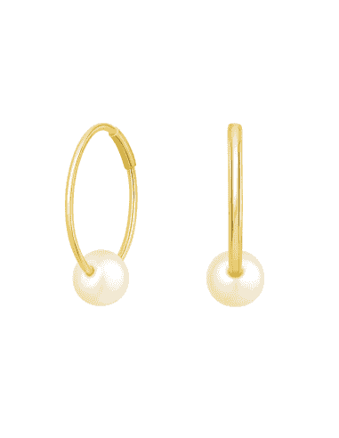 Pendientes para Mujer Aros Fino 13 mm en oro y Perla central - Oro Amarillo 18k