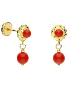 Pendientes Largo para Niña en Oro Coral Rojo - Oro Amarillo 18K