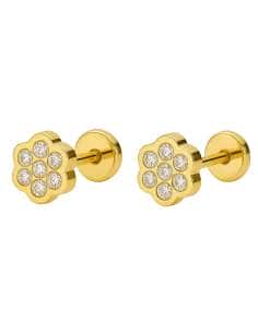 Pendientes para Niña en oro Flor con 7 Circonitas  - Oro Amarillo 18K