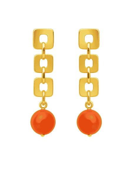 Pendientes para Mujer Oro 18K con Eslabones Cuadrados y Bola de Coral - Oro amarillo 18K