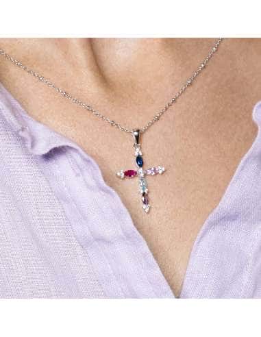 Collar para Mujer Cruz con Piedras Plata de Ley...