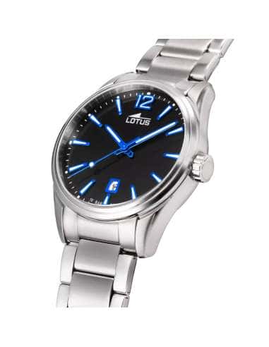 Reloj para Hombre Esfera Negra con Detalles Azules y Correa de Acero - Lotus 18692/6
