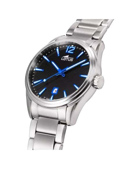 Reloj para Hombre Esfera Negra con Detalles Azules y Correa de Acero - Lotus 18692/6