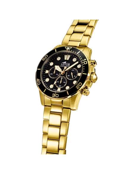 Reloj para Hombre Cronógrafo Dorado con Esfera Negra - Lotus 18758/3