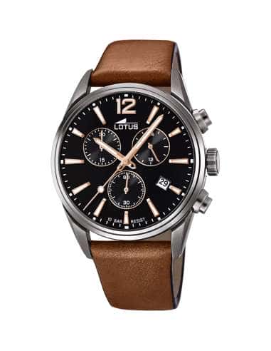 Reloj para Hombre Cronógrafo con Esfera Negra y Correa de Piel Marrón - Lotus 18683/2