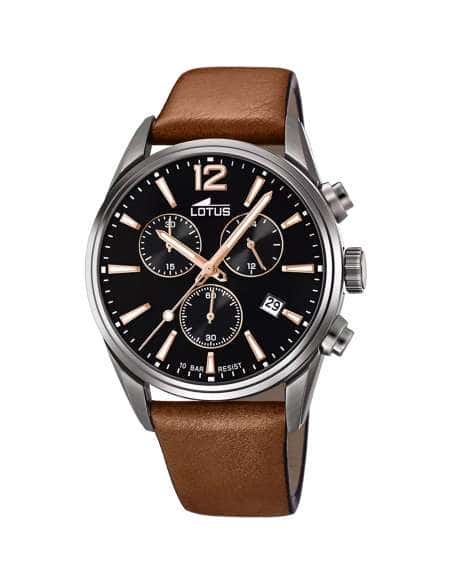 Reloj para Hombre Cronógrafo con Esfera Negra y Correa de Piel Marrón - Lotus 18683/2