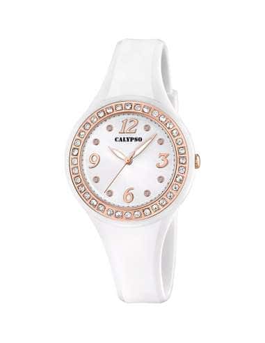 Reloj para Mujer Esfera Blanca con Circonitas y Correa de Caucho Blanco - Calypso K5865/2