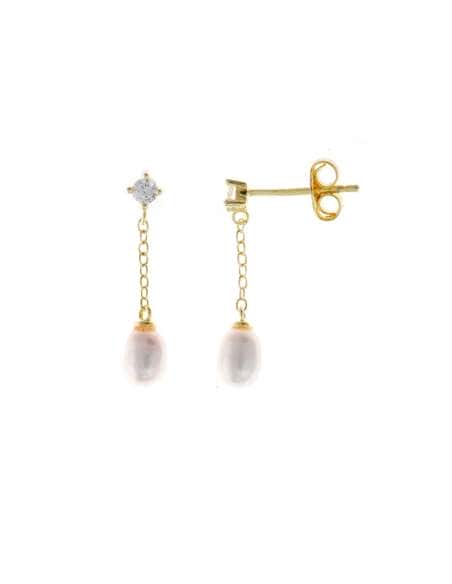 Pendientes para Mujer de plata Circonita Blanca con Cadena y Perla Rice de Agua Dulce - Salvatore 272A0031