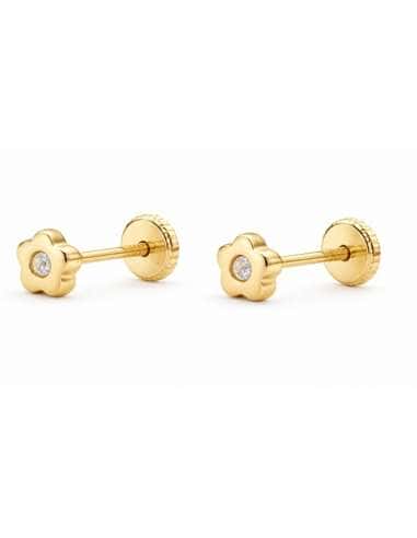 Pendientes para Niña en Oro Flor con circonita  - Oro Amarillo 9K