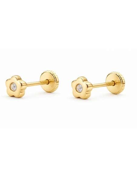Pendientes para Niña en Oro Flor con circonita  - Oro Amarillo 9K