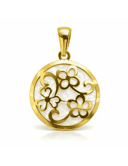 Colgante Redondo en Oro de 18K con Nácar y Diseño Floral Calado - Oro Amarillo 18K