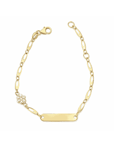 Pulsera esclava infantil con flor y placa grabable - Oro Amarillo y Blanco 18K