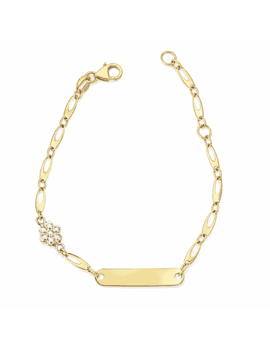 Pulsera esclava infantil con flor y placa grabable - Oro Amarillo y Blanco 18K