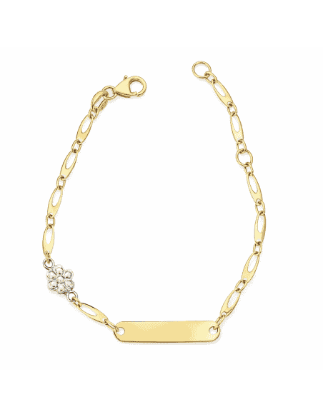 Pulsera esclava infantil con flor y placa grabable - Oro Amarillo y Blanco 18K