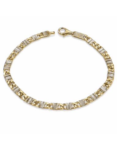 Pulsera Caballero con Eslabones Labrados en Bicolor - Oro Amarillo y Blanco 18k