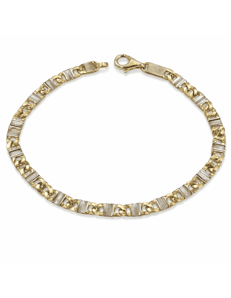 Pulsera Caballero con Eslabones Labrados en Bicolor - Oro Amarillo y Blanco 18k