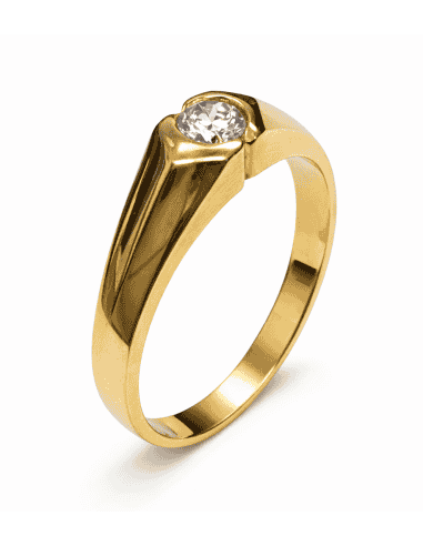 Anillo Solitario para Hombre con circonita -  Oro Amarillo 18K
