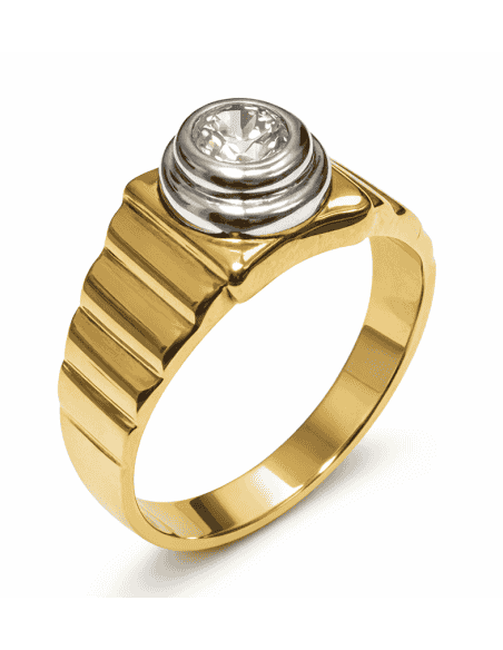Anillo Solitario para Hombre con circonita -  Oro Amarillo y Blanco 18K