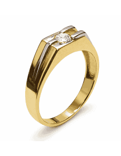 Anillo Solitario para Hombre con circonita -  Oro Amarillo y Blanco 18K