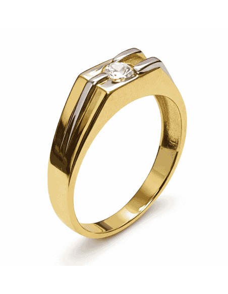 Anillo Solitario para Hombre con circonita -  Oro Amarillo y Blanco 18K