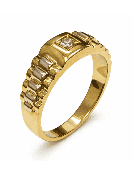 Anillo Solitario para Hombre con circonita -  Oro Amarillo y Blanco 18K