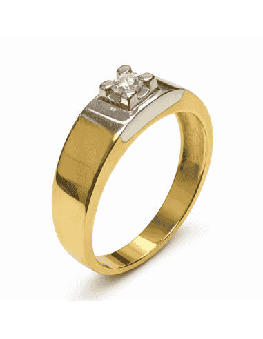 Anillo Solitario para Hombre con circonita -  Oro Amarillo y Blanco 18K