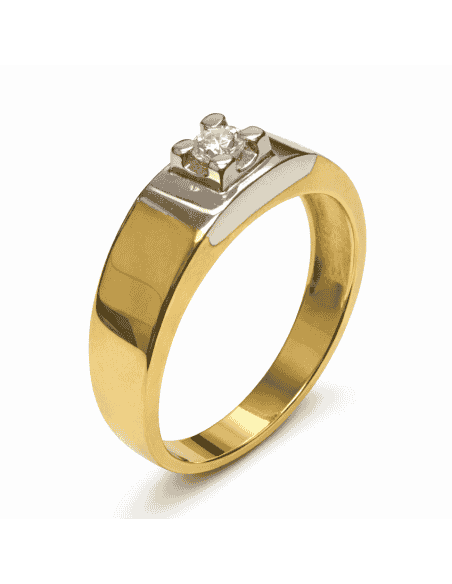 Anillo Solitario para Hombre con circonita -  Oro Amarillo y Blanco 18K