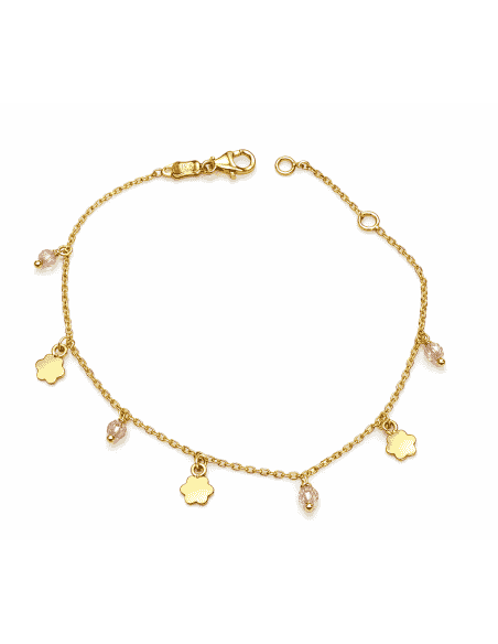 Pulsera infantil con colgantes forma floral y cuentas Rosas - Oro Amarillo 18K