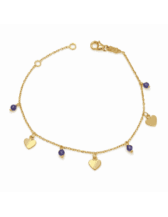 Pulsera infantil con colgantes de corazones y cuentas moradas - Oro Amarillo 18K